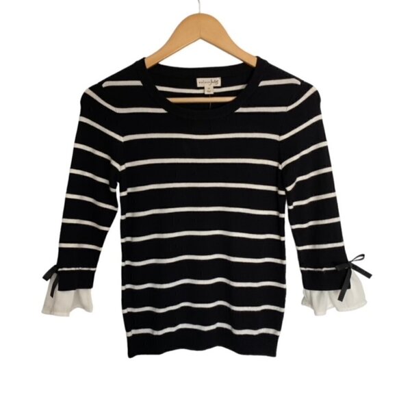 NWT Maison Jules Black and White Striped Top with Ruffle Bow Sleeve XSmall - Picture 1 of 3